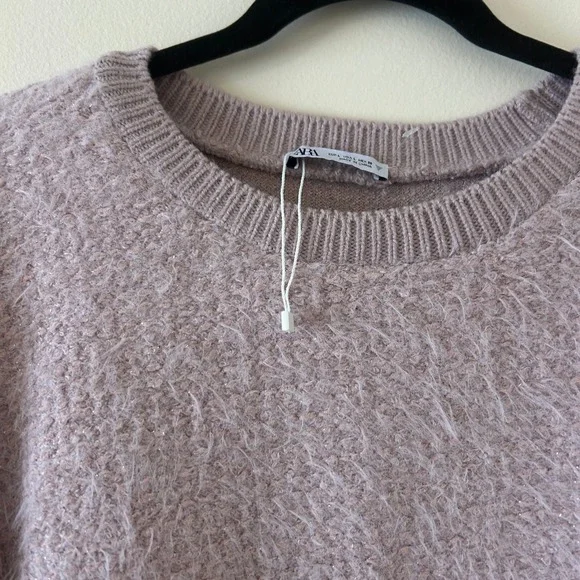 Zara Lilac Fuzzy Metallic Shimmer Cropped Sweater Jumper bell Sleeve Large - Picture 6 of 9